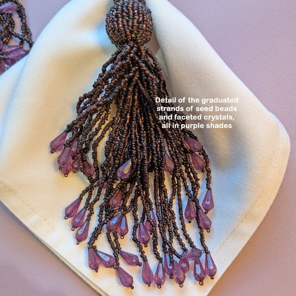 Set of 6 purple lushly beaded VTG napkin rings, Hand Made in India, 8" length - Picture 5 of 15
